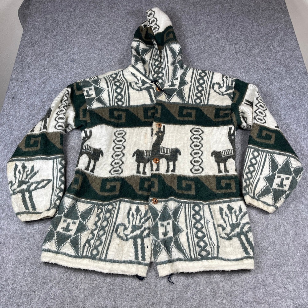 Vintage Ruminahui Wool Hooded Cardigan Sweater XL Ecuador Alpaca Llama Aztec